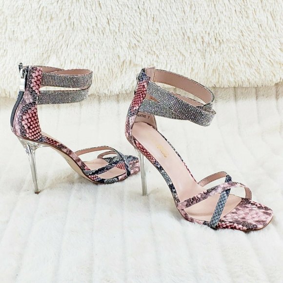 Pink Snake Print Rhinestone Double Ankle Strap Closed Back High Heel Shoes - Picture 7 of 12
